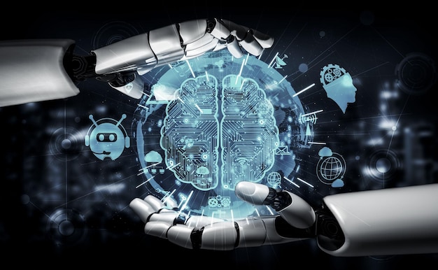 3d rendering artificial intelligence ai research of robot and cyborg development for future of people living digital data mining and machine learning technology design for computer brain