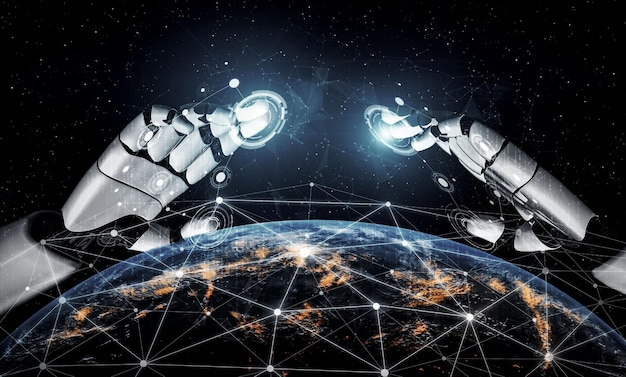 3D rendering artificial intelligence AI research of robot and cyborg development for future of people living Digital data mining and machine learning technology design for computer brain