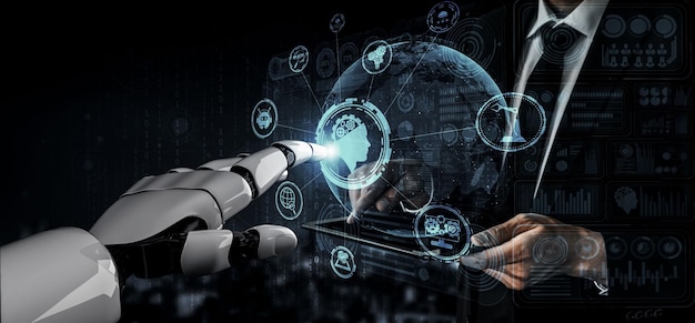 3D rendering artificial intelligence AI research of robot and cyborg development for future of people living Digital data mining and machine learning technology design for computer brain