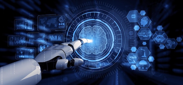 3D rendering artificial intelligence AI research of robot and cyborg development for future of people living Digital data mining and machine learning technology design for computer brain