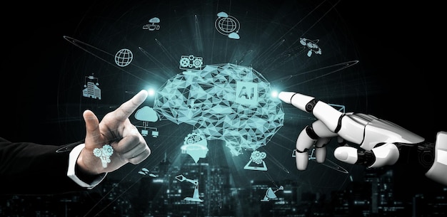 3D rendering artificial intelligence AI research of robot and cyborg development for future of people living Digital data mining and machine learning technology design for computer brain