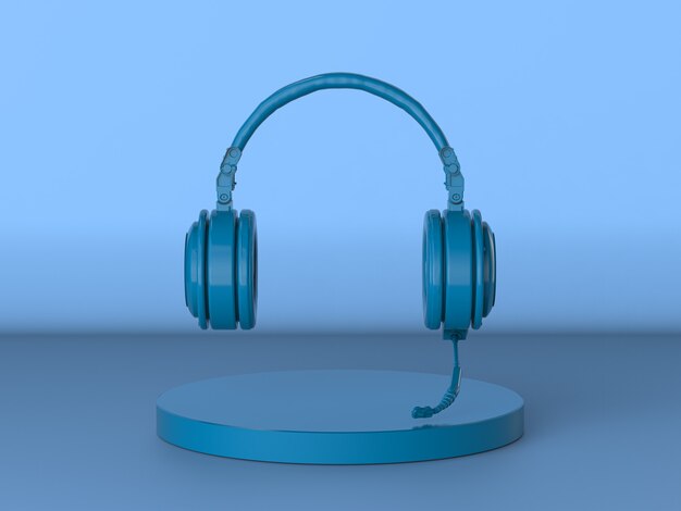 3D rendering auricolare blu o cuffie con microfono su sfondo blu