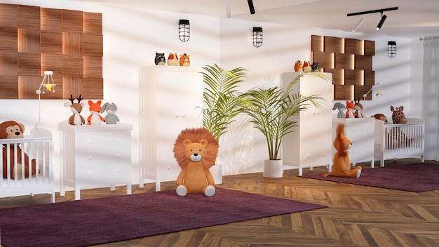 3d rendering baby room con mobili bianchi e grande specchio a parete