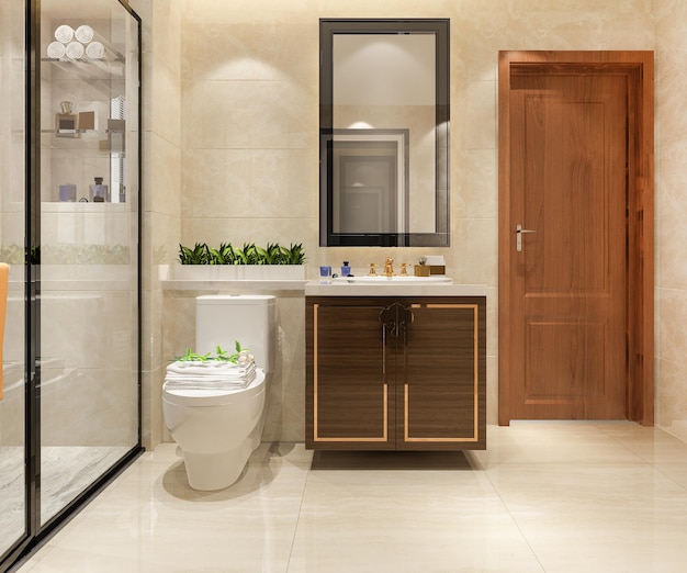 3d rendering bagno moderno in legno e pietra bianca