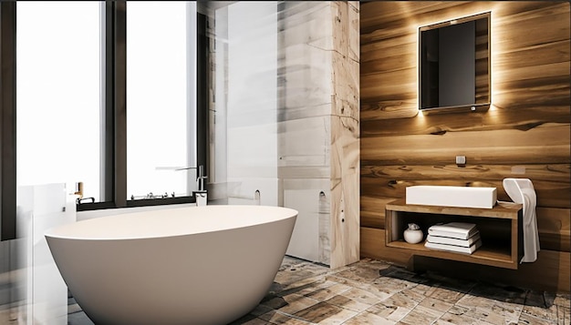 3d rendering bagno moderno in legno e pietra bianca