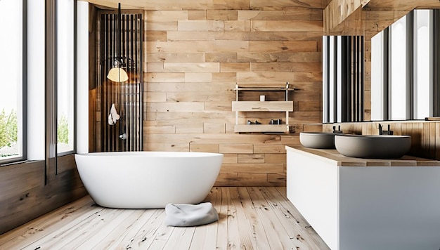 3d rendering bagno moderno in legno e pietra bianca