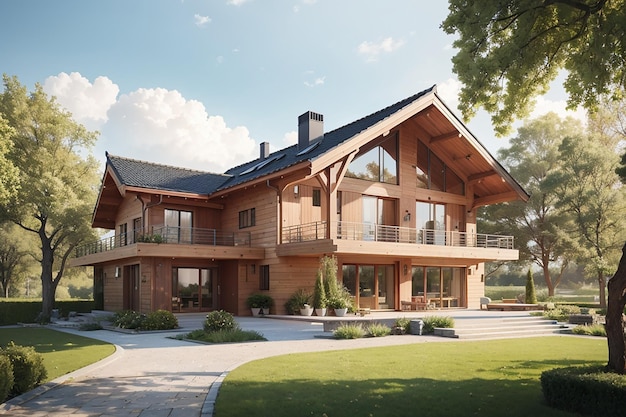 3d rendering bella casa in legno in stile moderno in un bellissimo villaggio