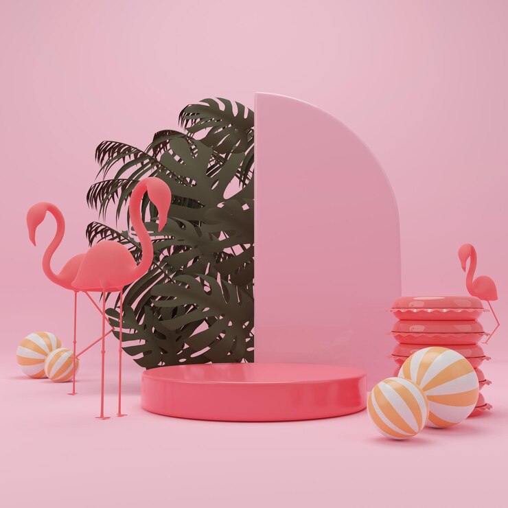 3d rendering box podio foglie di palma con sfondo estivo