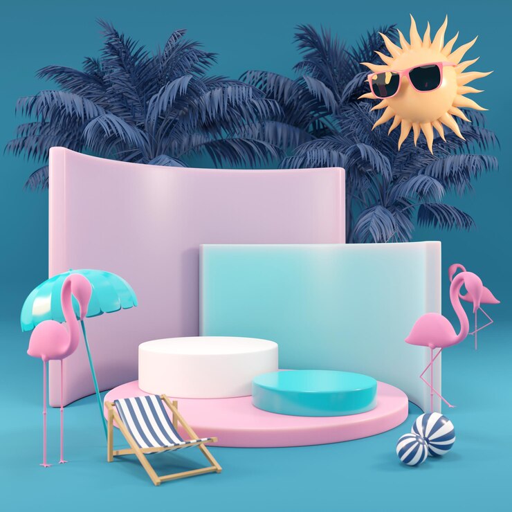 3d rendering box podio foglie di palma con sfondo estivo