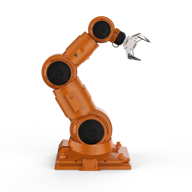 3D rendering braccio robotico arancione su sfondo bianco