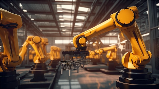3D rendering braccio robotico che lavora sulla linea di produzione della fabbrica concetto di Industria 40