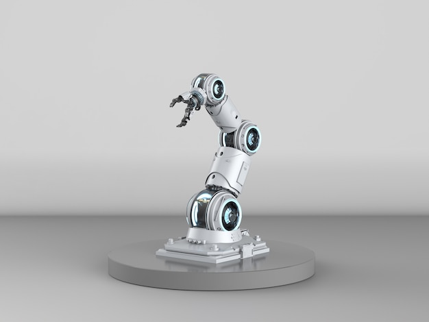3D rendering braccio robotico su sfondo grigio