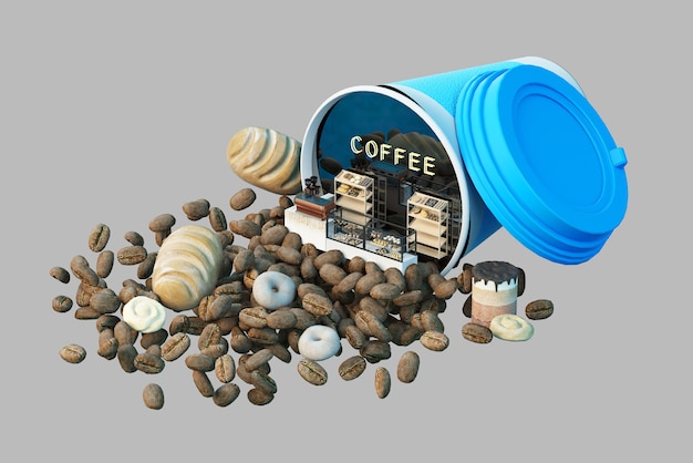 3d rendering caffetteria e chicchi di caffè elementi