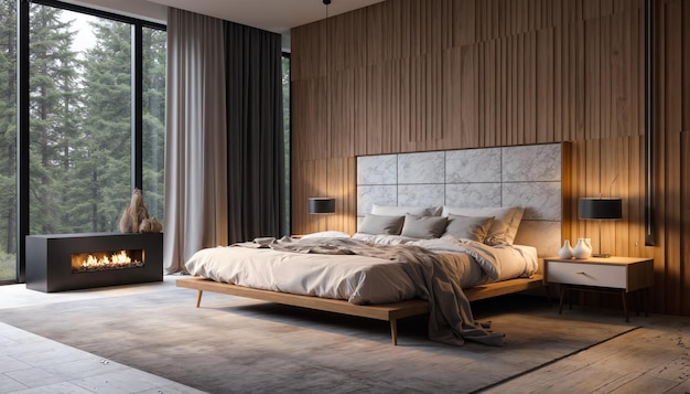 3D rendering camera da letto di lusso in albergo con parete in legno e tappeto