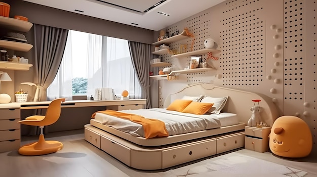 3d rendering camera da letto per bambini in stile moderno con letto in legno