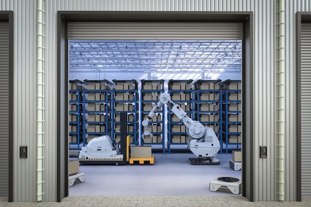 3D rendering carrello elevatore automatico e braccio del robot in magazzino