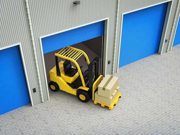 3D rendering carrello elevatore con scatole in magazzino