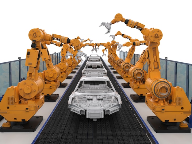 3D rendering catena di montaggio del robot nella fabbrica di automobili