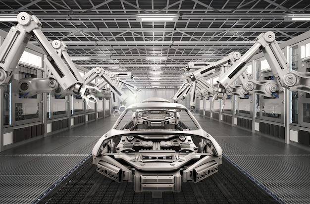 3D rendering catena di montaggio del robot nella fabbrica di automobili