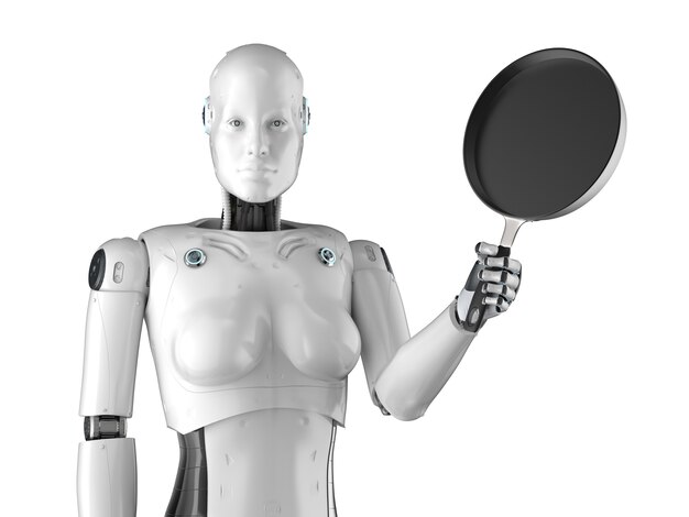 3D rendering chef robot che cucina in cucina