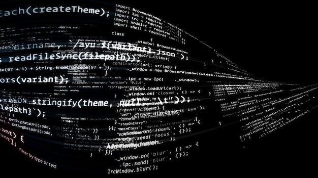 3D rendering codice astratto nello spazio virtuale. Il codice del computer è piegato sotto forma di nastro