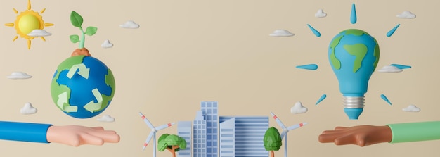 3d rendering concetto ambiente e ecologia banner illustrazione con copia spazio per testo o messaggio