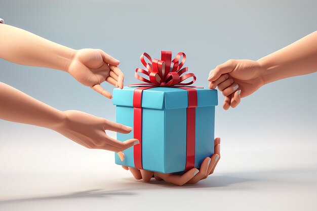 3d rendering concetto di mano che manda una scatola di regali all'altra mano isolato su bianco concetto di dare e donazione 3d render illustrazione di cartone animato