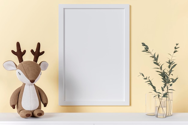 3d rendering cornice mock up con peluche animale e vaso di fiori