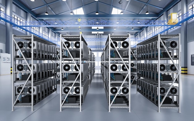 3d rendering cripto mining farm con scheda grafica o rack gpu in magazzino