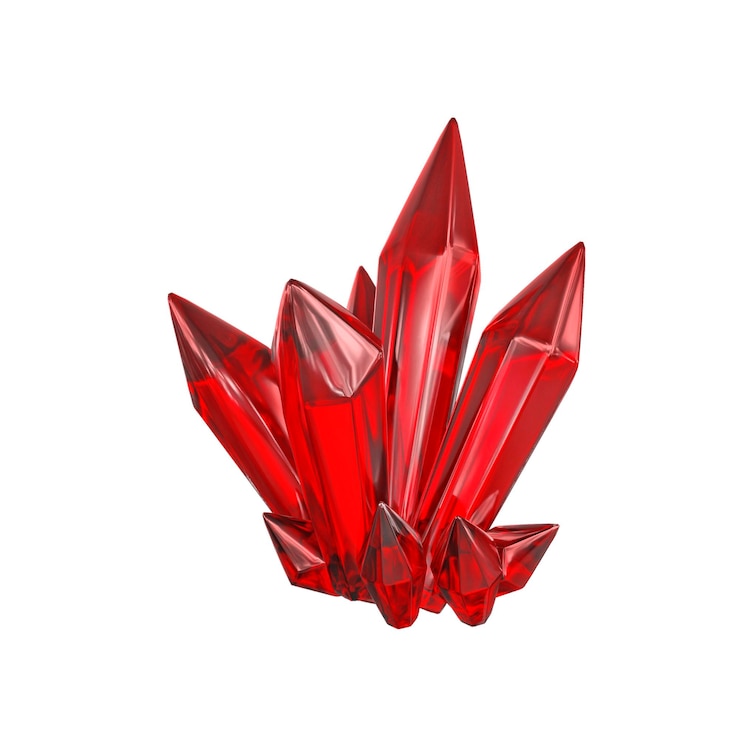 Foto 3d rendering cristallo rosso smeraldo isolato su sfondo bianco gemme naturali pepite accessori misteriosi