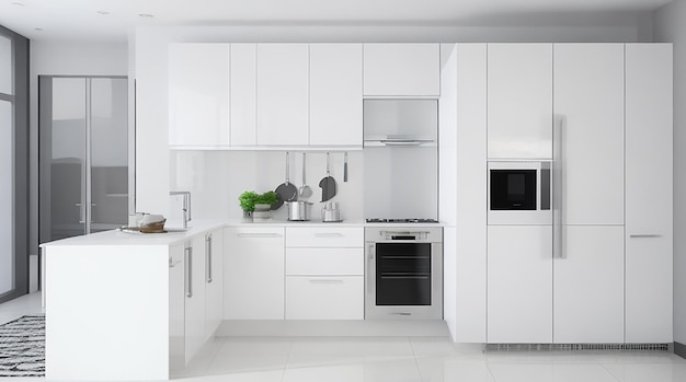 3d rendering cucina bianca dal design moderno con frigorifero