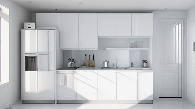3d rendering cucina bianca dal design moderno con frigorifero