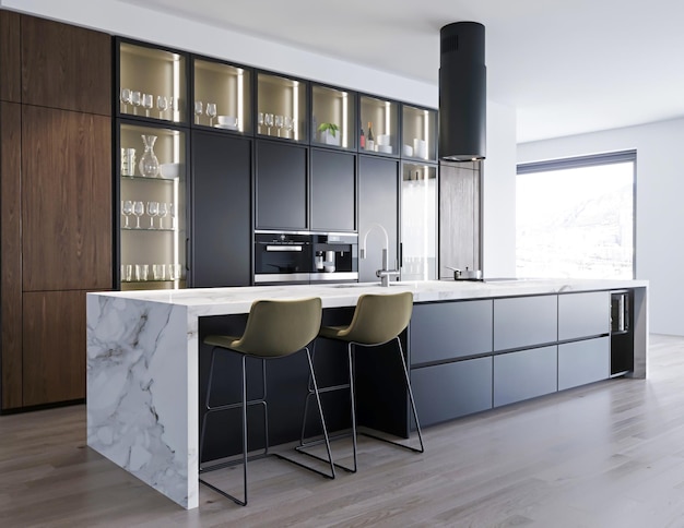 3d rendering cucina moderna con tavolo in marmo e decorazioni in legno interior design