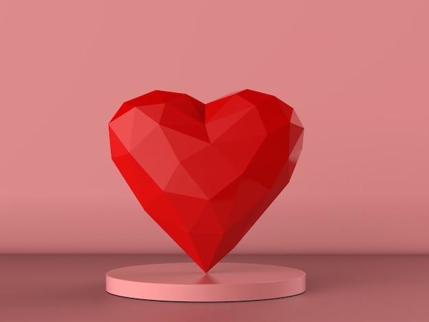 3D rendering cuore poligonale rosso su sfondo rosa