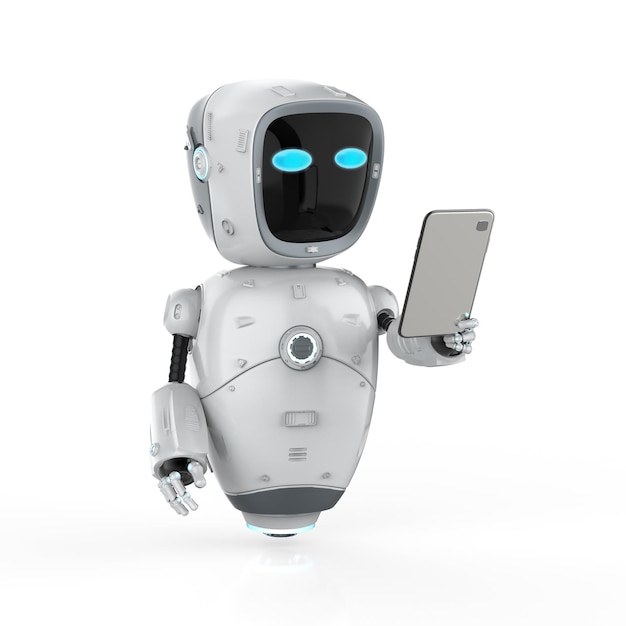 3d rendering cute artificial intelligenceâ robot or assistant robot with mobile phone