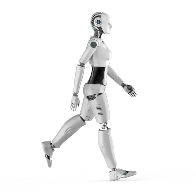 3D rendering cyborg femmina o robot a piedi su sfondo bianco