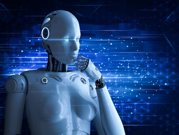 3D rendering cyborg femmina o robot pensando su sfondo blu