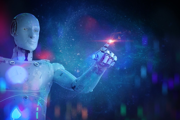 3D rendering cyborg o punto del dito del robot con luce brillante
