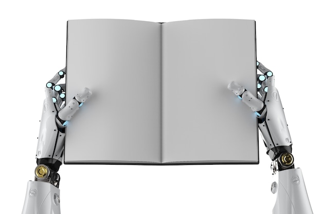 3d rendering cyborg tenere pagine vuote libro isolato su bianco