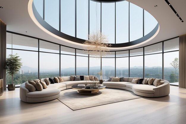 3D rendering design d'interni lussuoso e spazioso soggiorno con enormi finestre panoramiche dal pavimento al soffitto design di spazio interno