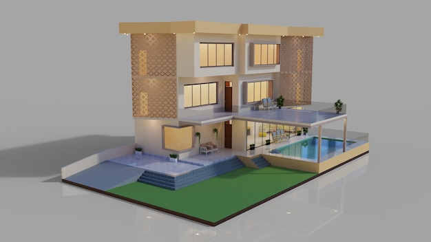 3d rendering design esterno moderno dell'illustrazione del modello di casa con piscina