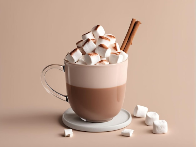 3D rendering di cioccolato caldo con marshmallow in cima semplice minimalismo