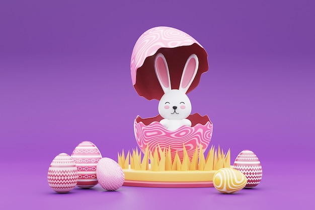 3D rendering di colorate uova di pasqua con bunny su sfondo viola felice concetto di pasqua.