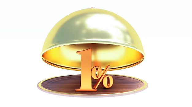 3d rendering di Ristorante cloche e parola d'oro 1 per cento all'interno Ristorante cloche con oro uno per cento di sconto isolato su sfondo bianco