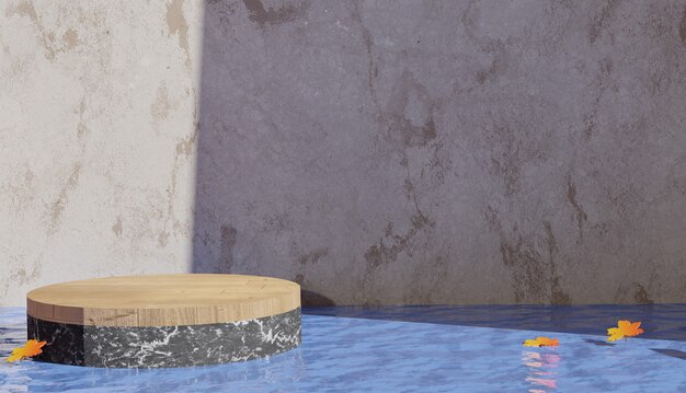 3D rendering di sfondo terrazzo podio vista nel mezzo dell'acqua e lascia il tema autunnale