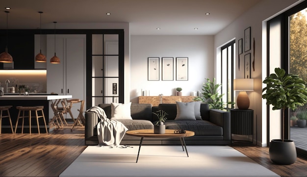 3d rendering di un interno soggiorno contemporaneo Soggiorno Modern Home Interior Indoors Vita domestica Generare Ai