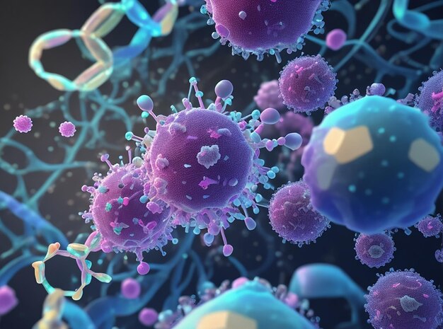 3D rendering di uno sfondo medico con filamenti di DNA e cellule del virus