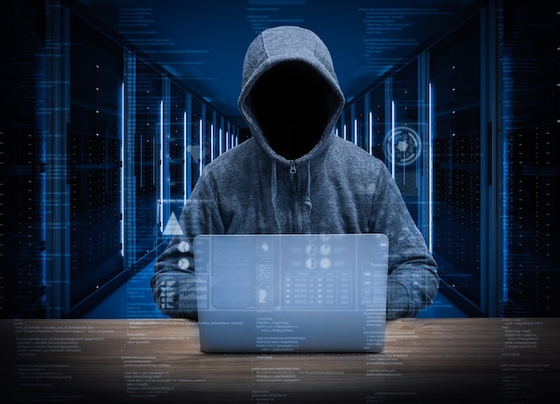 3d rendering empty face hacker in server room