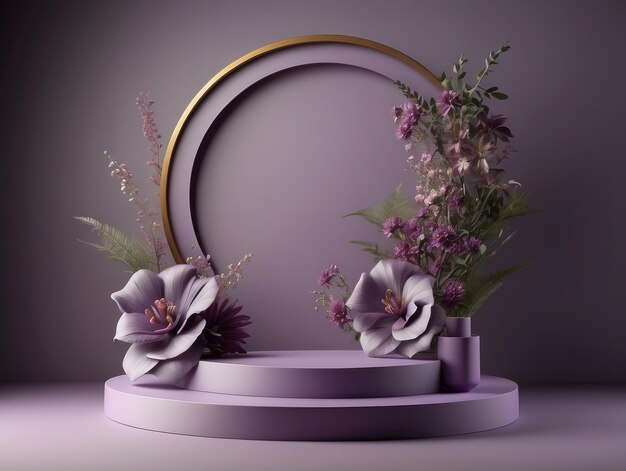 3D rendering fiore sfondo viola colore viola con forma geometrica podio