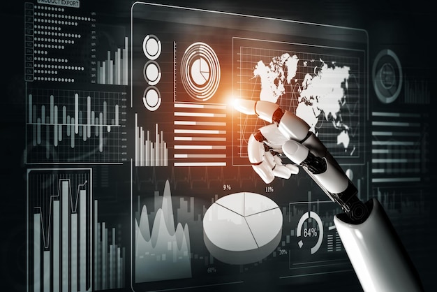 3D Rendering Futuristic robot technology development artificial intelligence AI and machine learning concept Global robotic bionic science research for future human life 3D illustration